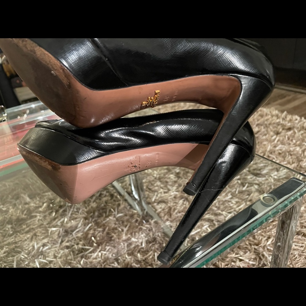 Prada Sz 39 Black Patent Leather Peep Toe Heels Hot Hot Hot sexy high heels - Picture 6 of 11